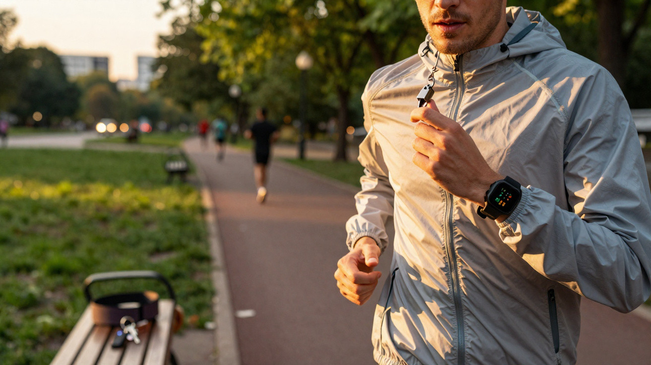 Homem a correr num parque urbano ao entardecer, vestido com casaco cinzento e relógio inteligente.