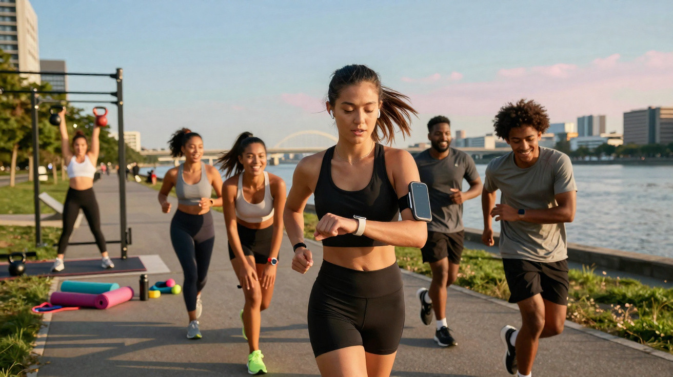 Grupo diversificado de pessoas a correr e exercitar-se ao ar livre junto a um rio numa tarde ensolarada.