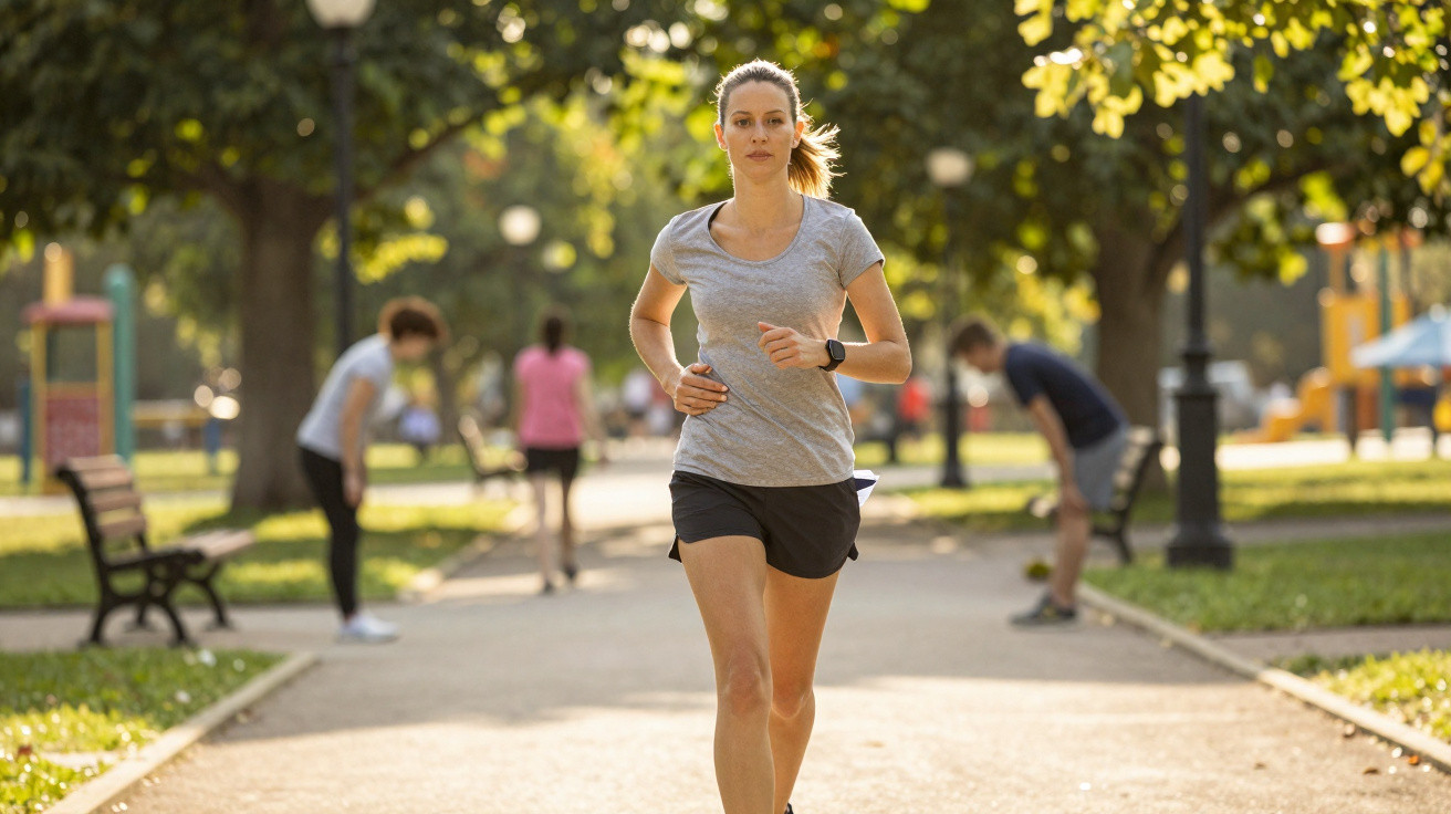 Mulher a correr num parque urbano durante o dia, com outras pessoas ao fundo a exercitar-se.