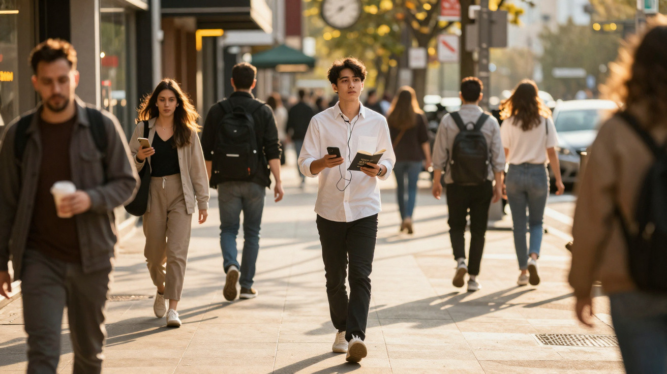 Pessoas a caminhar numa calçada urbana ensolarada, algumas com mochilas e telemóveis nas mãos.
