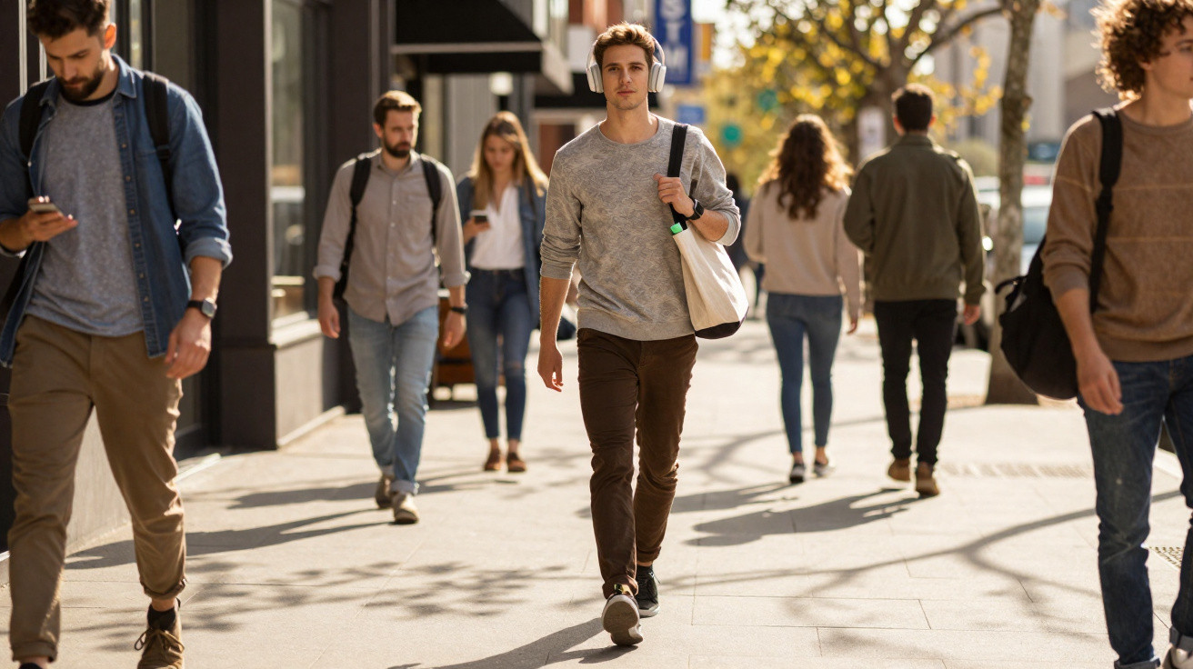 Pessoas jovens a caminhar numa rua urbana, algumas a usar telemóveis e auscultadores num dia ensolarado.