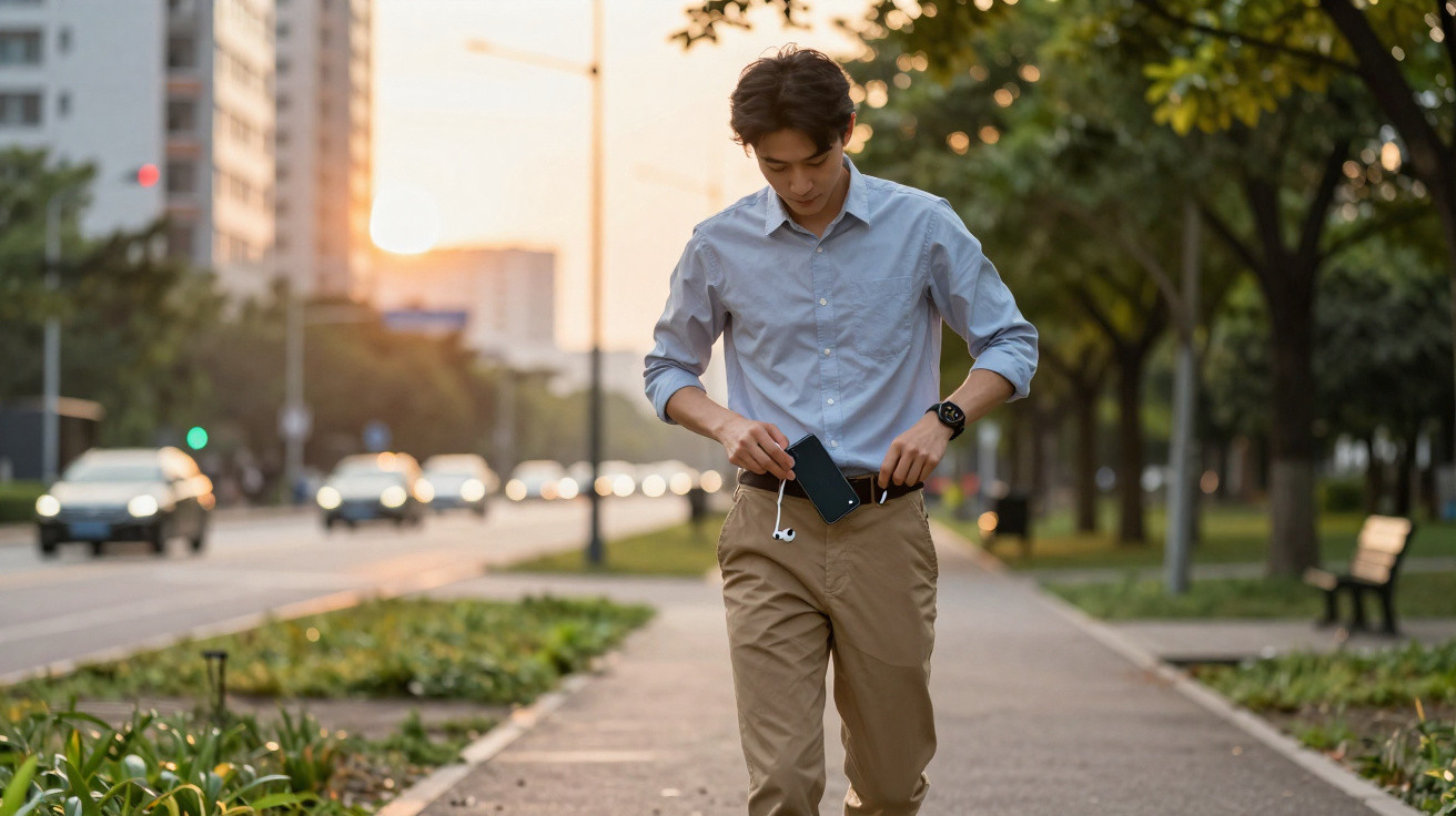 Homem jovem a caminhar num passeio urbano ao pôr do sol, a guardar o telemóvel no bolso.