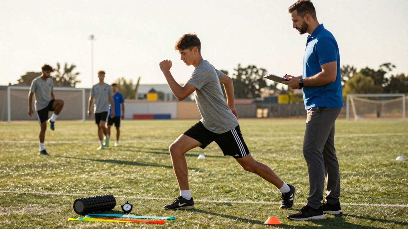 Treinador observa jovem a fazer exercício de alongamento num campo de futebol ao ar livre.