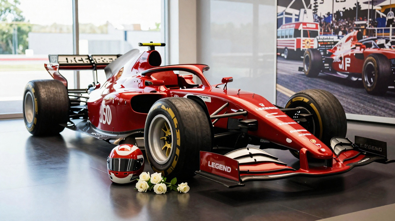 Carro de Fórmula 1 vermelho com capacete e flores brancas, exposto em museu com fotografia ao fundo.
