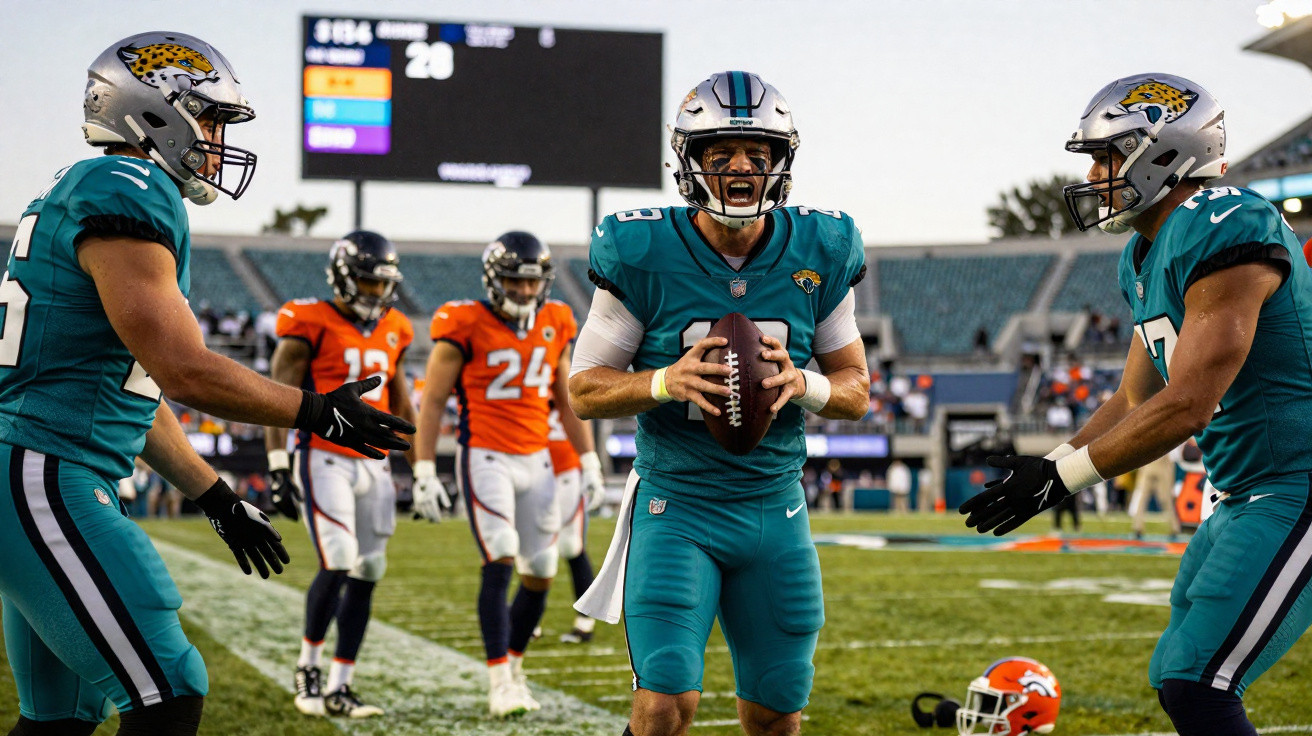 Jogadores dos Jacksonville Jaguars e Denver Broncos em ação durante jogo de futebol americano.