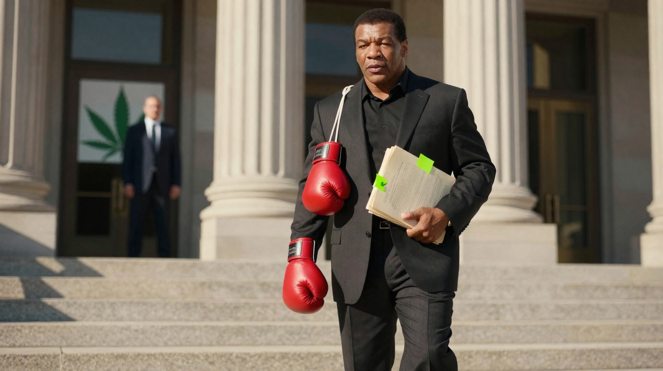 Homem de fato com luvas de boxe vermelhas penduradas no pescoço e documentos na mão numa escadaria formal.