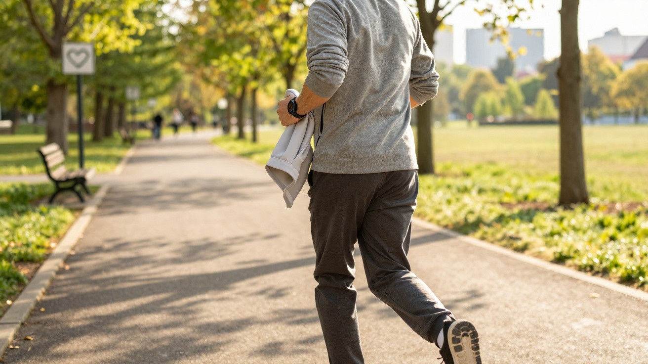 Pessoa a correr em caminho arborizado num parque com luz do sol quente.