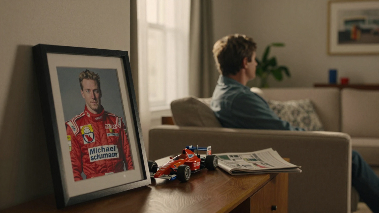 Retrato emoldurado de Michael Schumacher, carro de corrida em miniatura e homem sentado num sofá numa sala iluminada.
