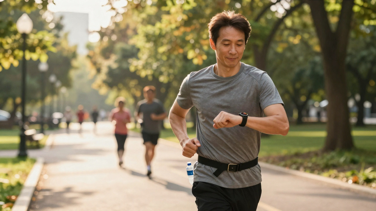 Homem a correr num parque a olhar para o relógio, com outras pessoas a correr ao fundo.