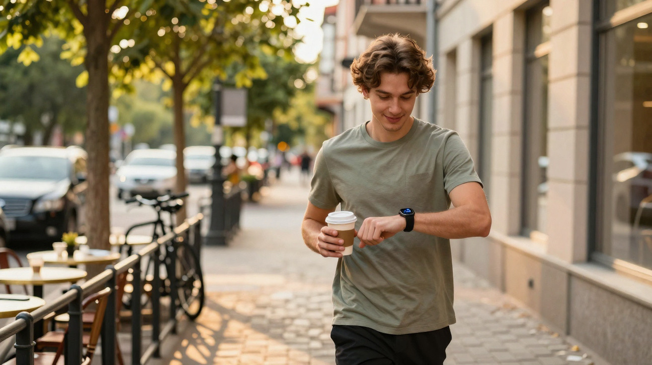 Jovem a caminhar na rua com café na mão, olhando para o relógio inteligente no pulso.