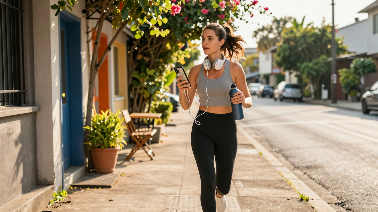 Mulher jovem a correr na rua com roupa desportiva, fones de ouvido ao pescoço e garrafa de água na mão.