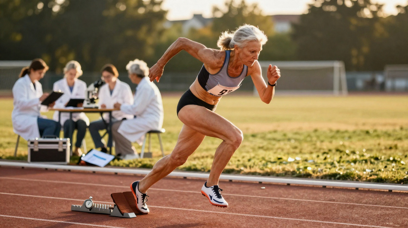 Mulher idosa a iniciar corrida numa pista de atletismo, com equipa médica a observar ao fundo.