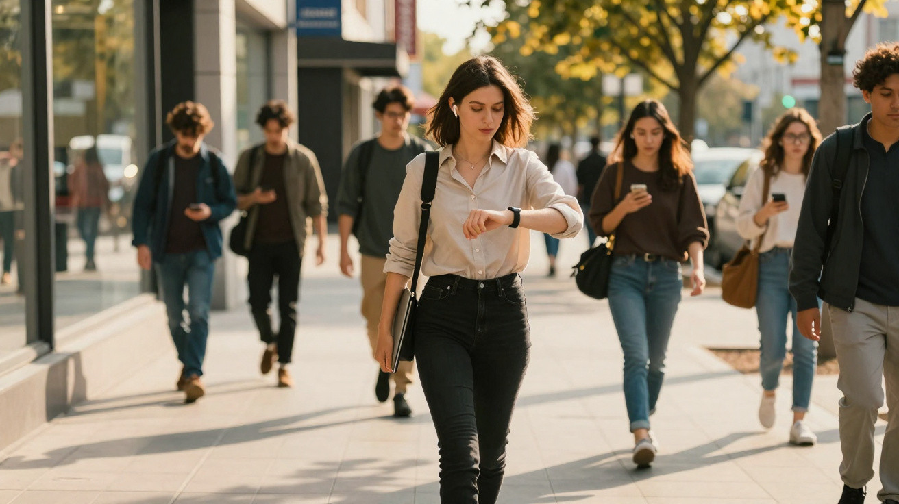 Mulher a caminhar na rua a olhar para o relógio, com várias pessoas a passar ao fundo.