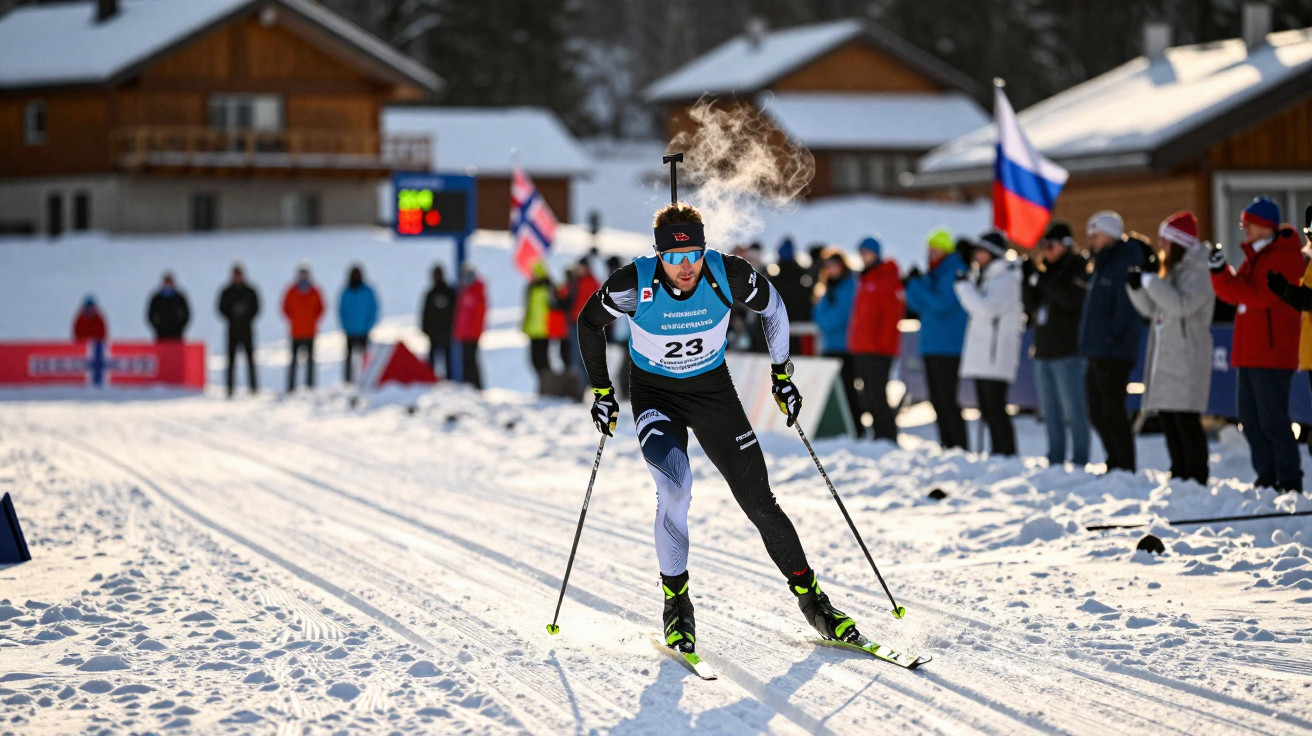Atleta de esqui cross-country em competição com público e bandeiras ao fundo em dia de neve.