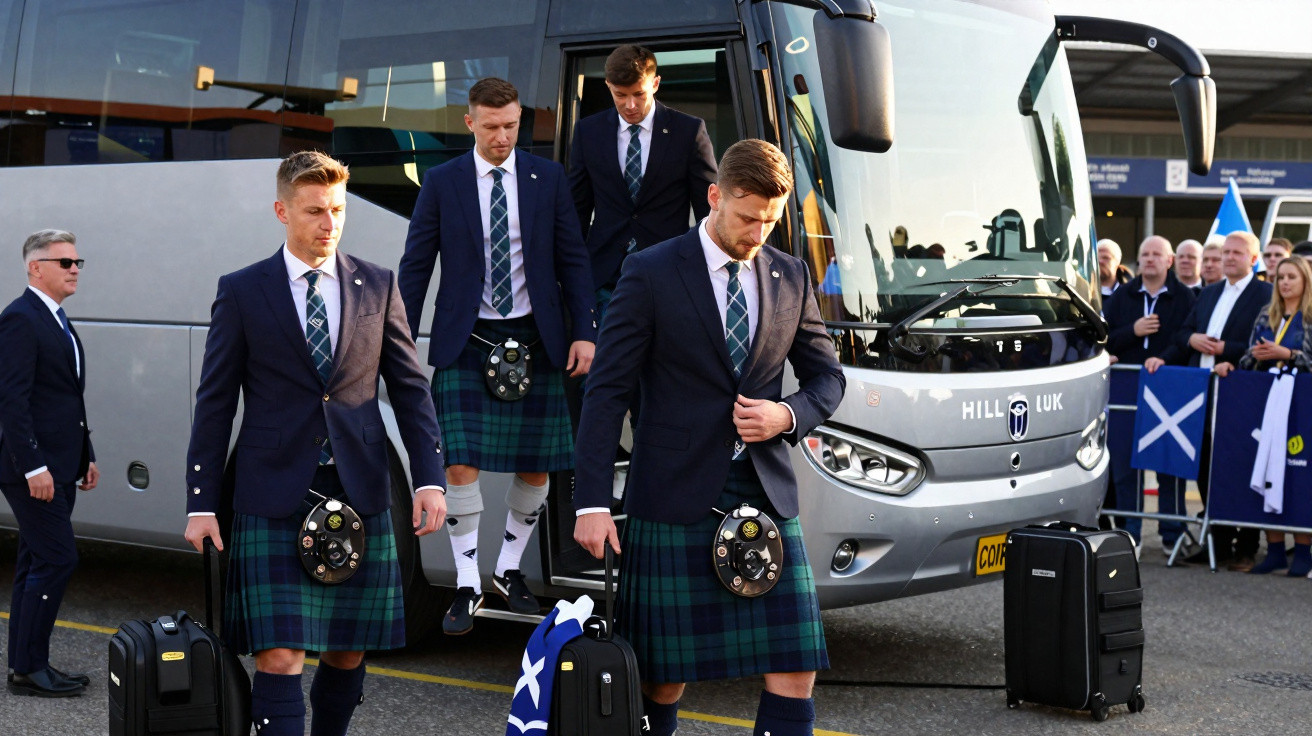 Homens em kilts azuis e verdes descem de um autocarro perto de uma multidão com bandeiras da Escócia.
