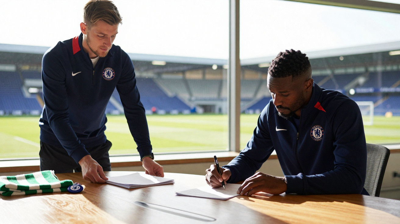 Dois homens com equipamento do Chelsea numa sala iluminada, um está a assinar documentos numa mesa.