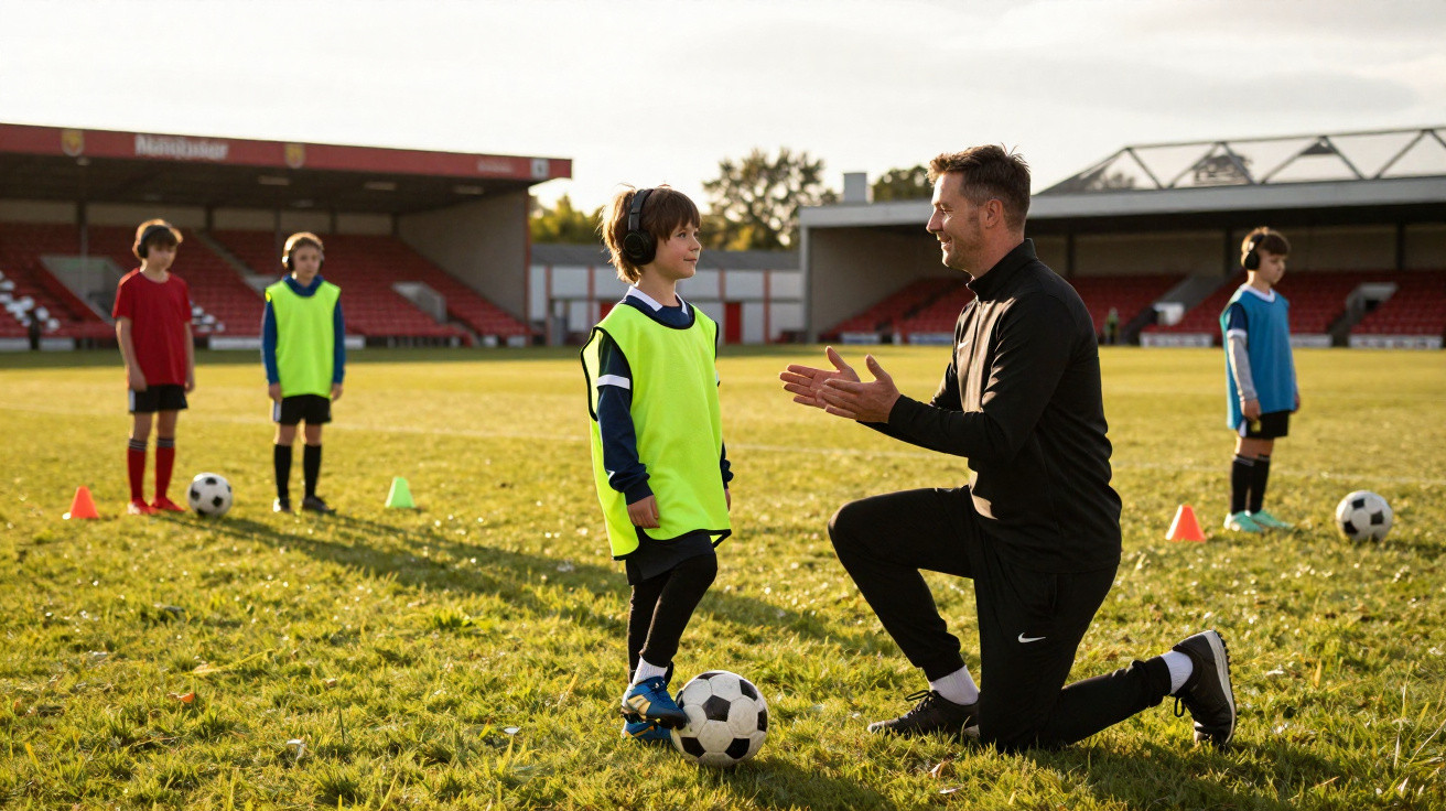 Treinador de futebol juvenil conversa com menino de colete amarelo num campo de futebol ensolarado.