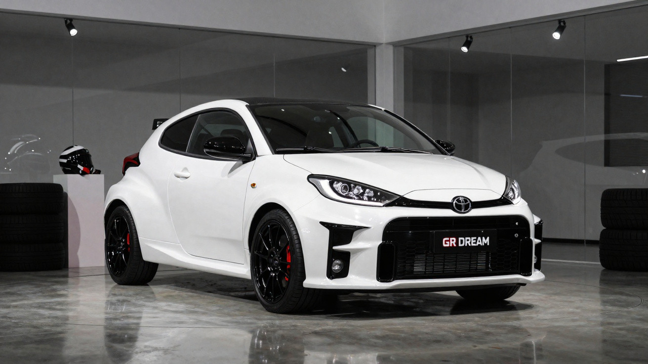 Carro desportivo branco Toyota GR numa garagem moderna com piso refletor e rodas pretas.