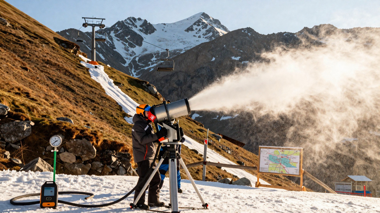 Pessoa operando canhão de neve artificial numa encosta montanhosa com teleférico e montanhas ao fundo.