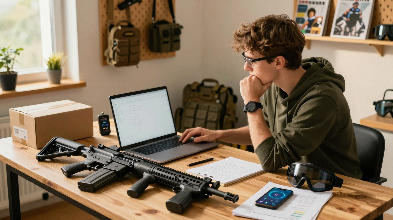 Jovem a trabalhar num escritório com um computador portátil, arma de fogo e equipamento táctico numa secretária.