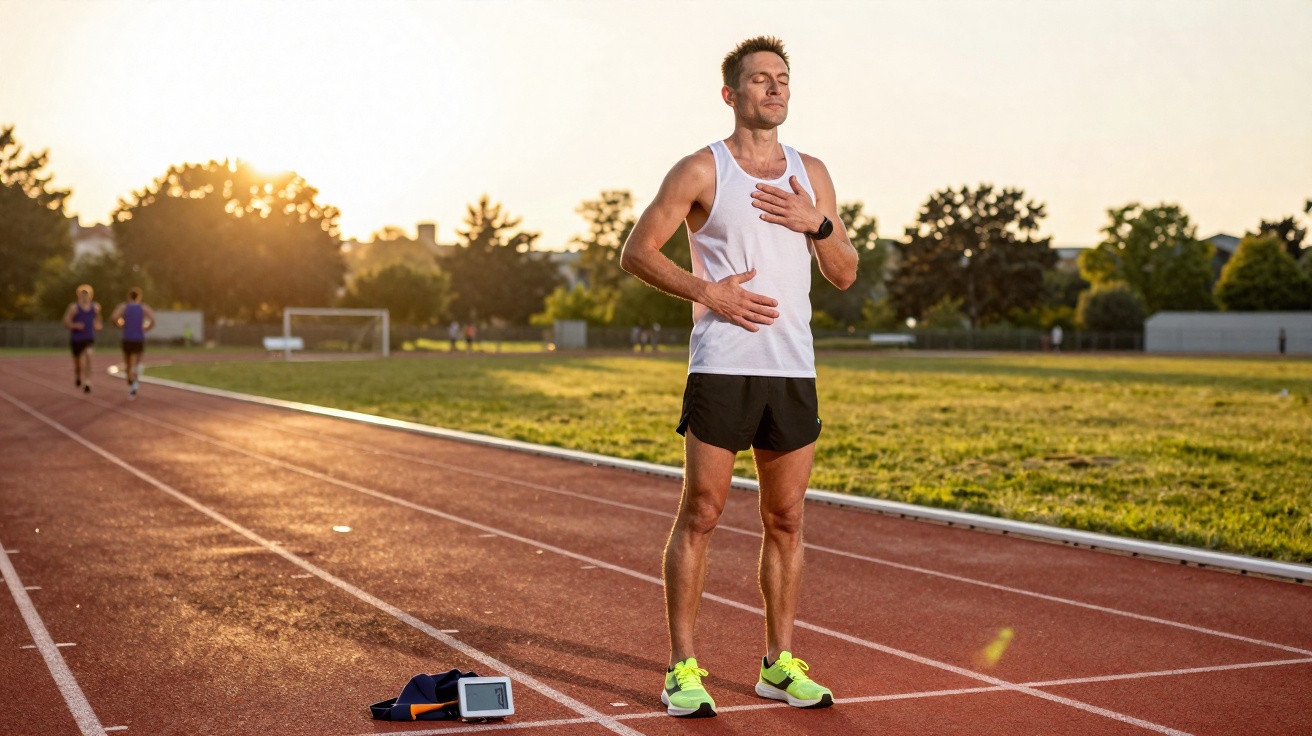 Homem com roupa desportiva controla a respiração numa pista de atletismo ao pôr do sol.
