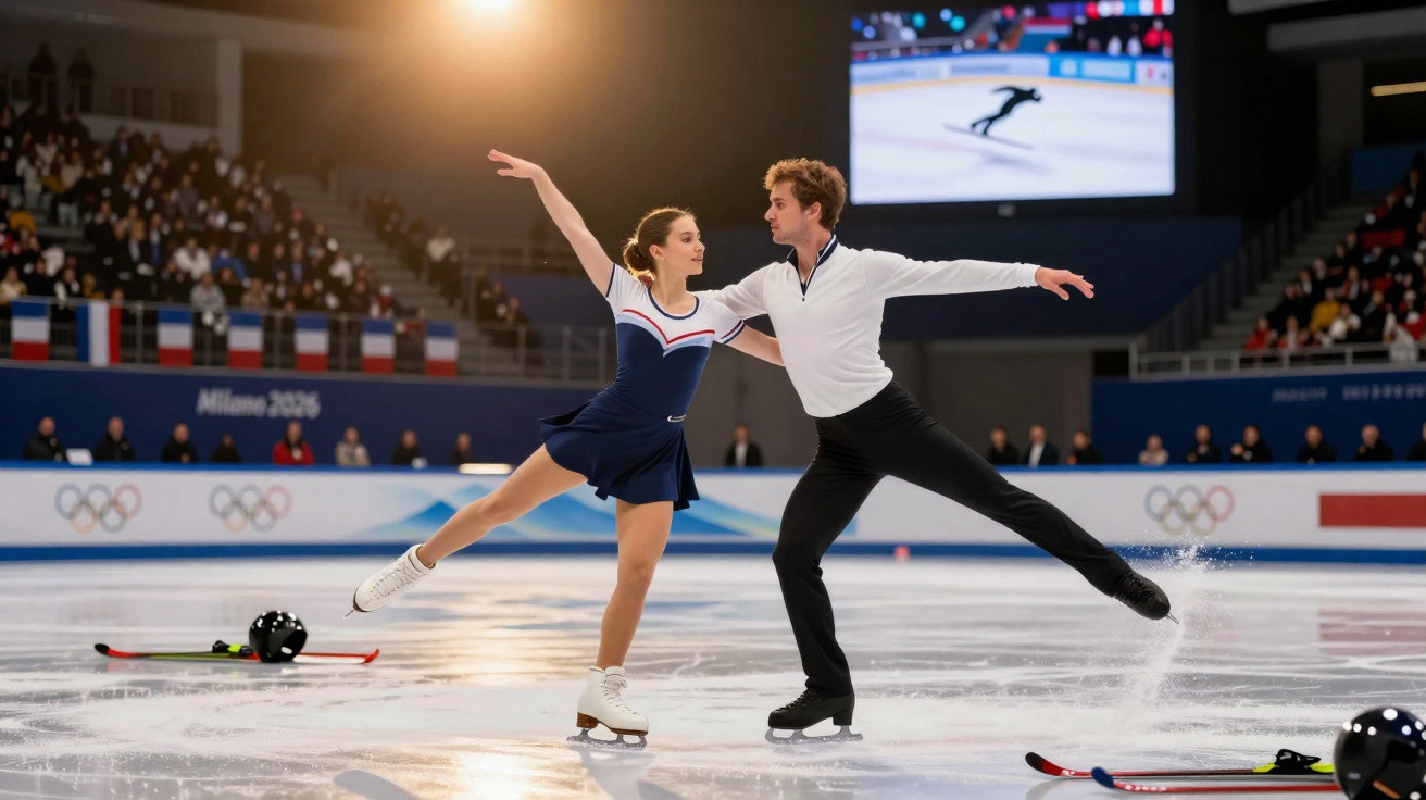Casal de patinagem artística executa posição em pista de gelo durante competição com público e bandeiras ao fundo.