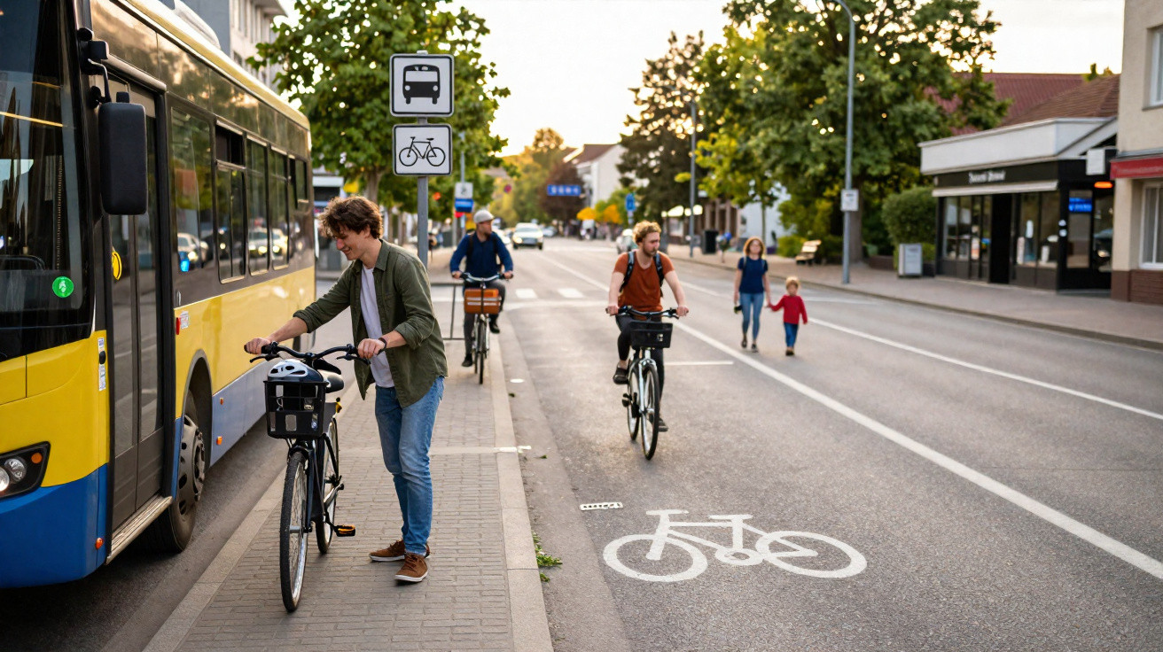 Homem a estacionar bicicleta ao lado de autocarro, outros ciclistas e pessoas a atravessar rua numa zona urbana.